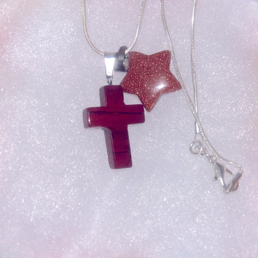 Boho Red Jasper Cross and Goldstone Star Sterling Silver 16” Neck…